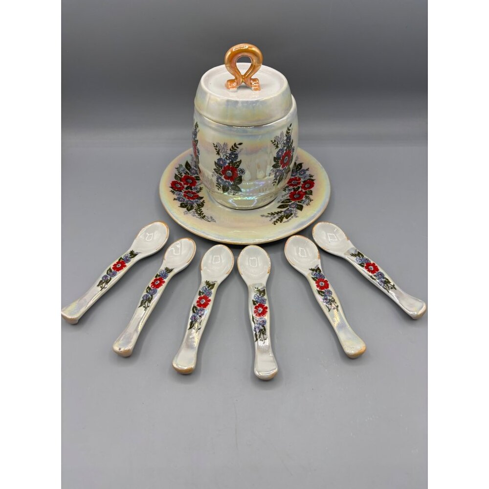 Vtg Honey Jar w‎ 6 Spoons Lustreware Iridescent Floral Ceramic
